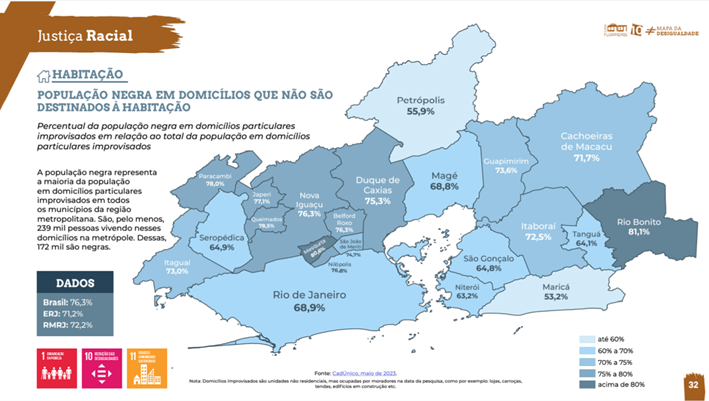 Mapa da Região Metropolitana do Rio de Janeiro em que mostra percentual da população negra em domicílios particulares improvisados em relação ao total da população em domicílios particulares improvisados
